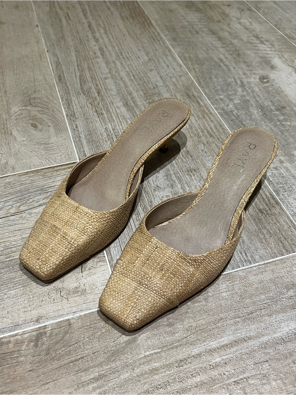RAYE Natural Raffia Square-Toe Mule Heels - Tan